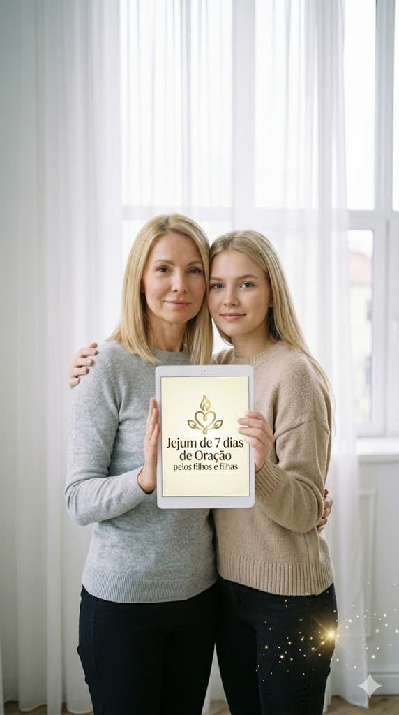 Mãe e filha segurando tablet com jejum e oração pelos filhos