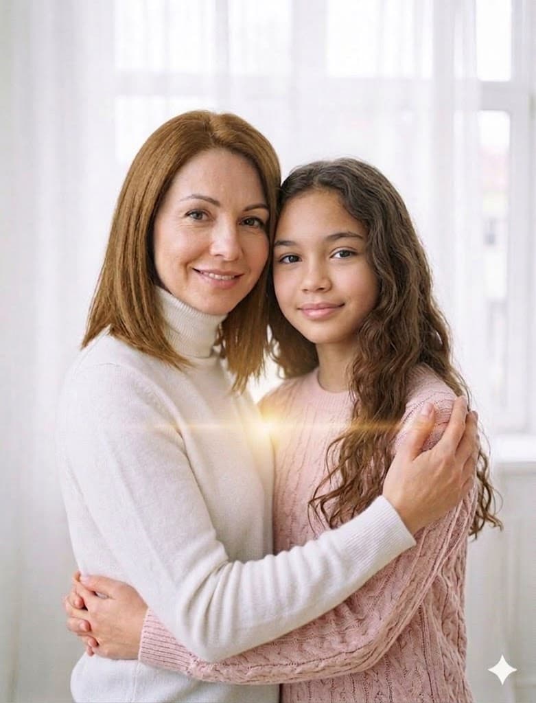 Mãe e filha abraçadas, com luz suave entre elas, em ambiente claro e acolhedor