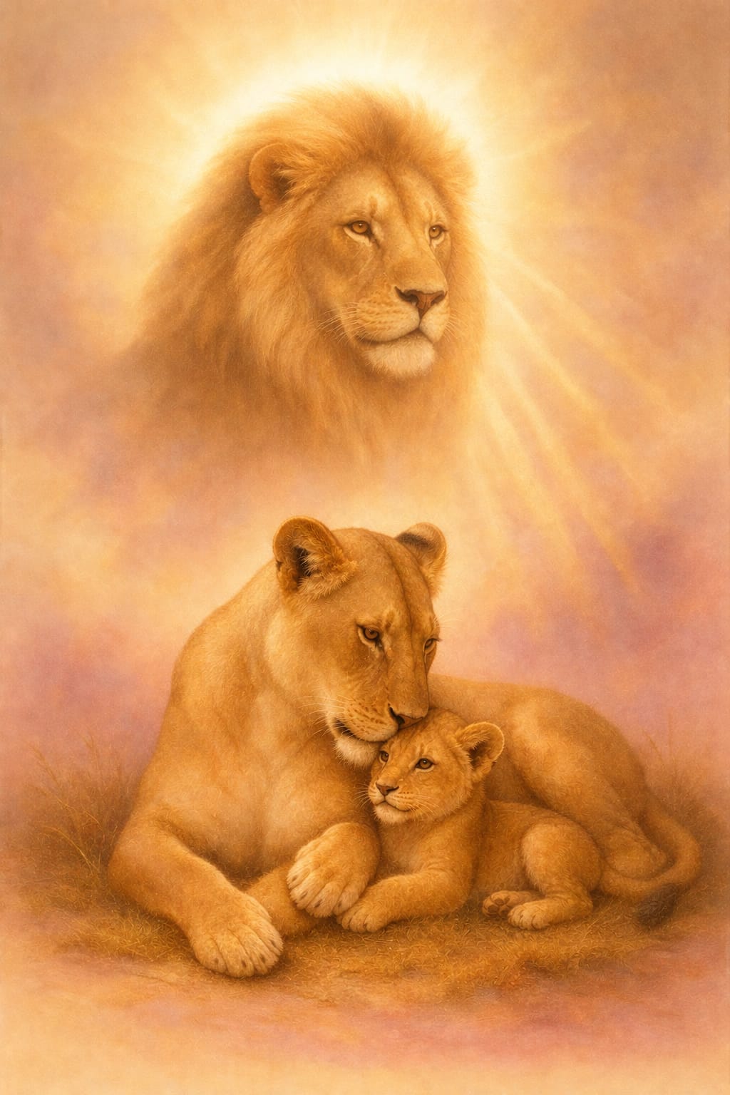 Leão protegendo leoa e filhote — Deus está no comando
